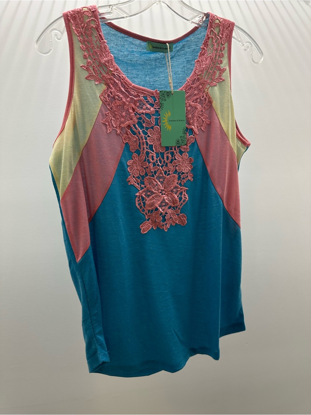 Sunshine & Rodeos Teal Tank with Pink Crochet Lace